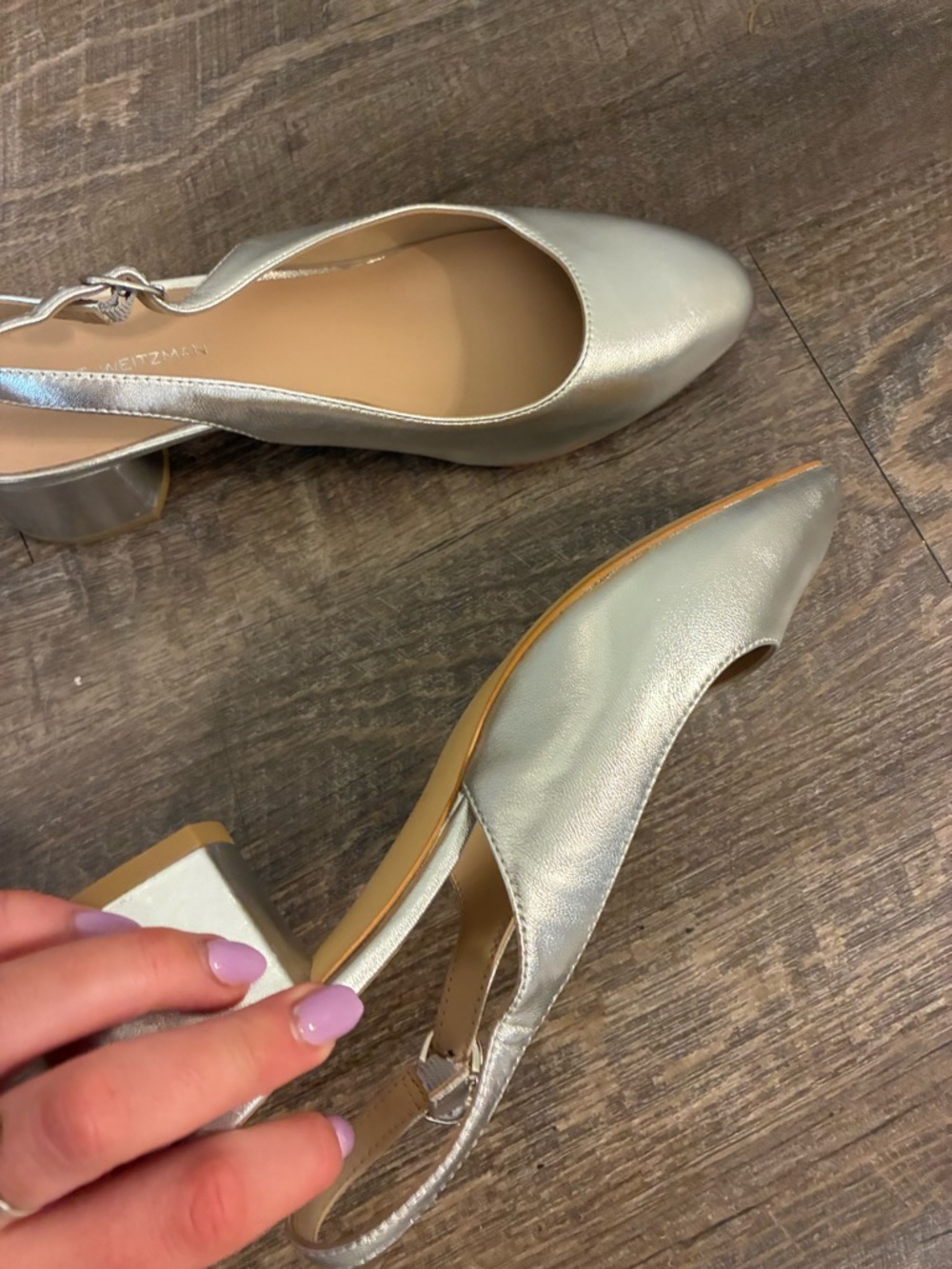 Stuart Weitzman Silver Metallic Slingback Block Heel Pumps Size 8 Never Worn - Picture 4 of 7